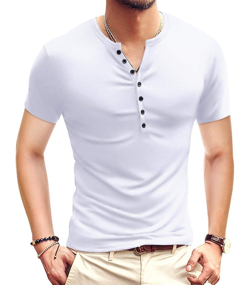 YTD Mens Casual Slim Fit Basic Henley Short Sleeve Fashion Summer T-Shirt M White - Image 1